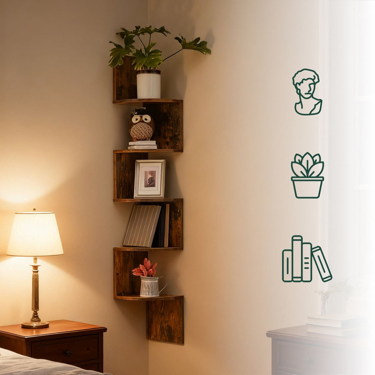 Corner Wall Shelf, 5 Tiers, Zigzag Design