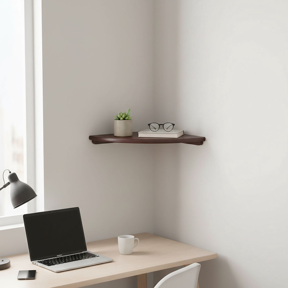 Corner Wall Shelf, Walnut, Wall-Mounted Semi-Circle