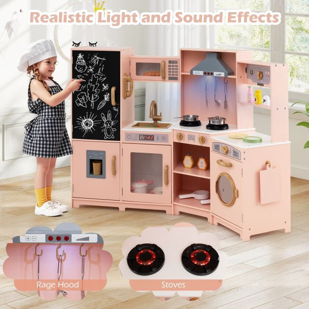 Corner Wooden Play Kitchen Set – Lights, Sounds, Pink