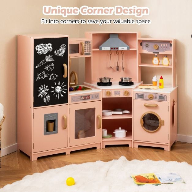 Corner Wooden Play Kitchen Set – Lights, Sounds, Pink