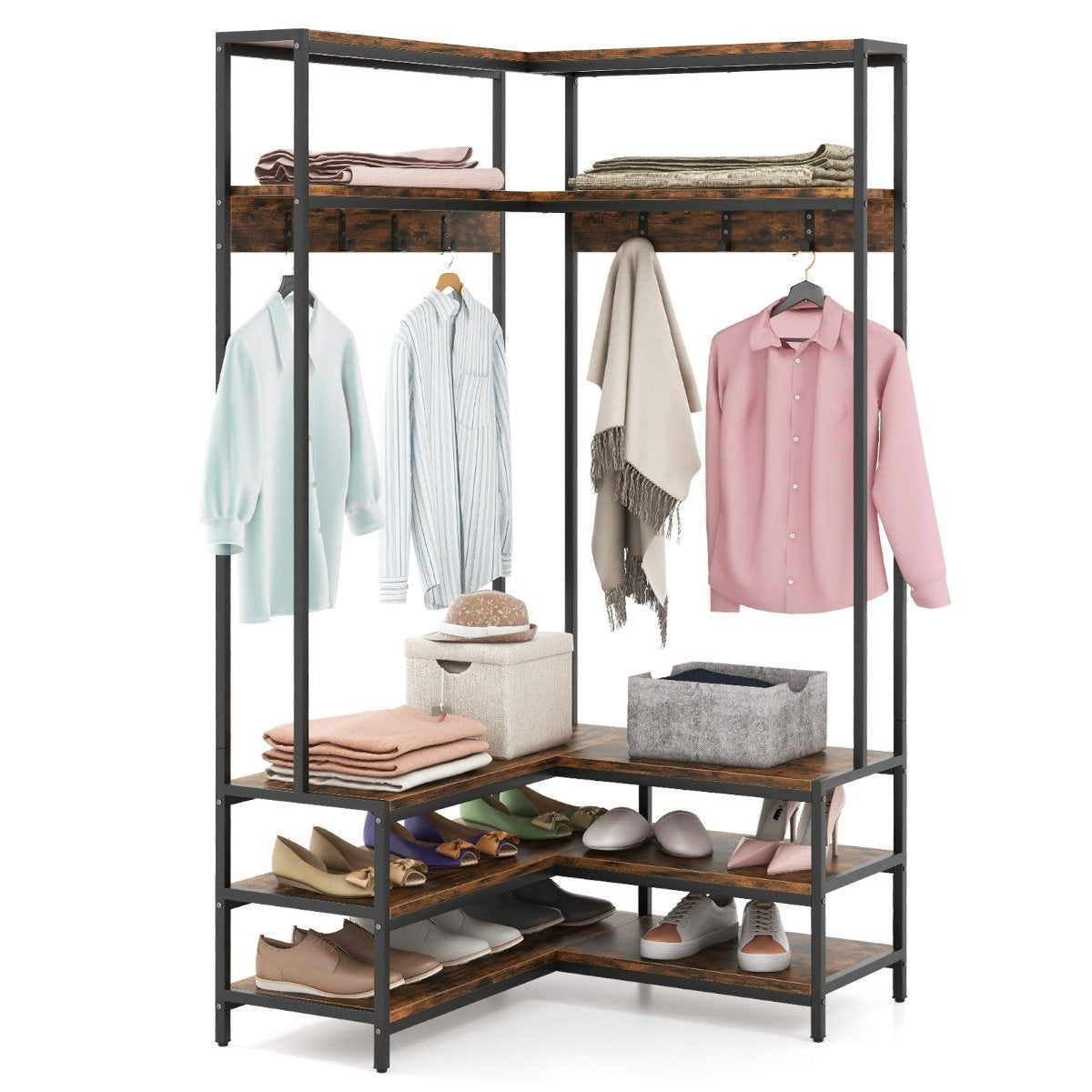 Corner coat rack with bench L-shaped clothes rack with open shelves 90 x 90 x 178 cm Rustic brown
