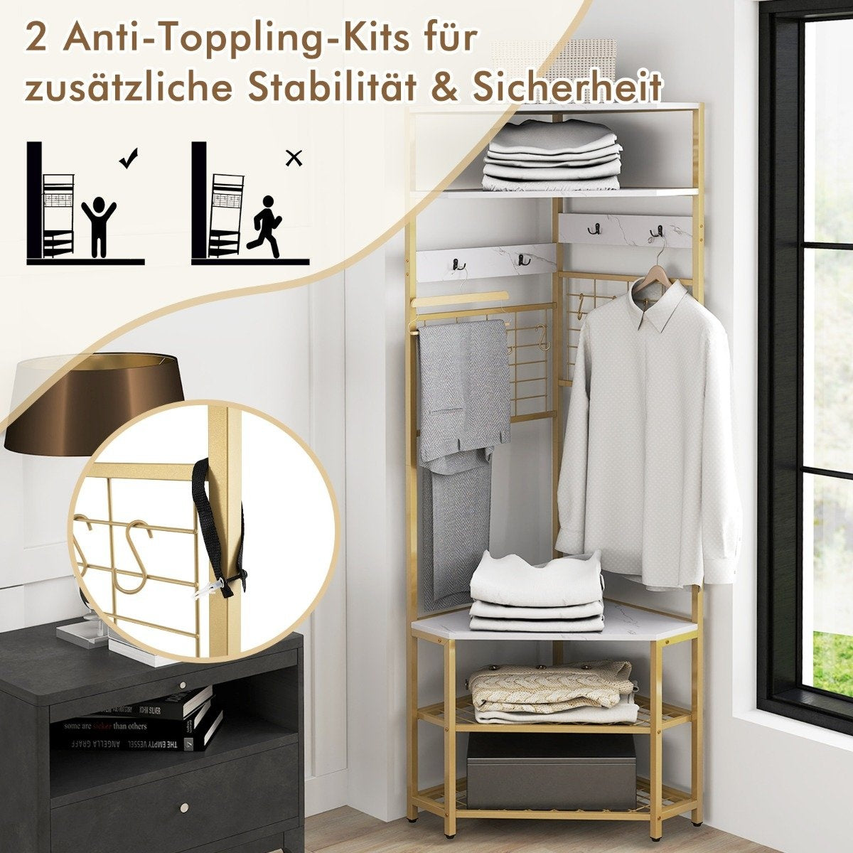 Corner coat rack with shoe bench &amp; 12 metal hooks freestanding clothes rack white