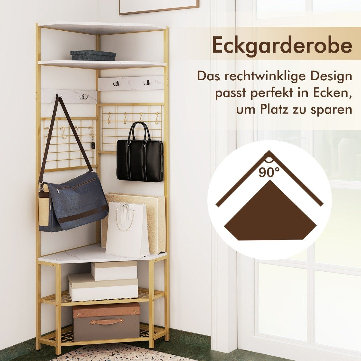 Corner coat rack with shoe bench &amp; 12 metal hooks freestanding clothes rack white