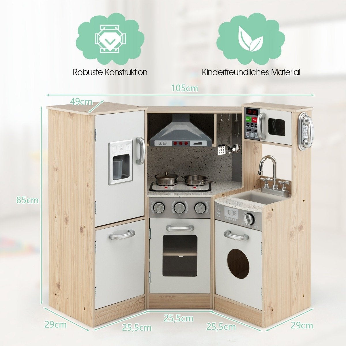 Corner kitchen Corner play kitchen with sound and light Children's kitchen made of wood including play accessories White + Natural