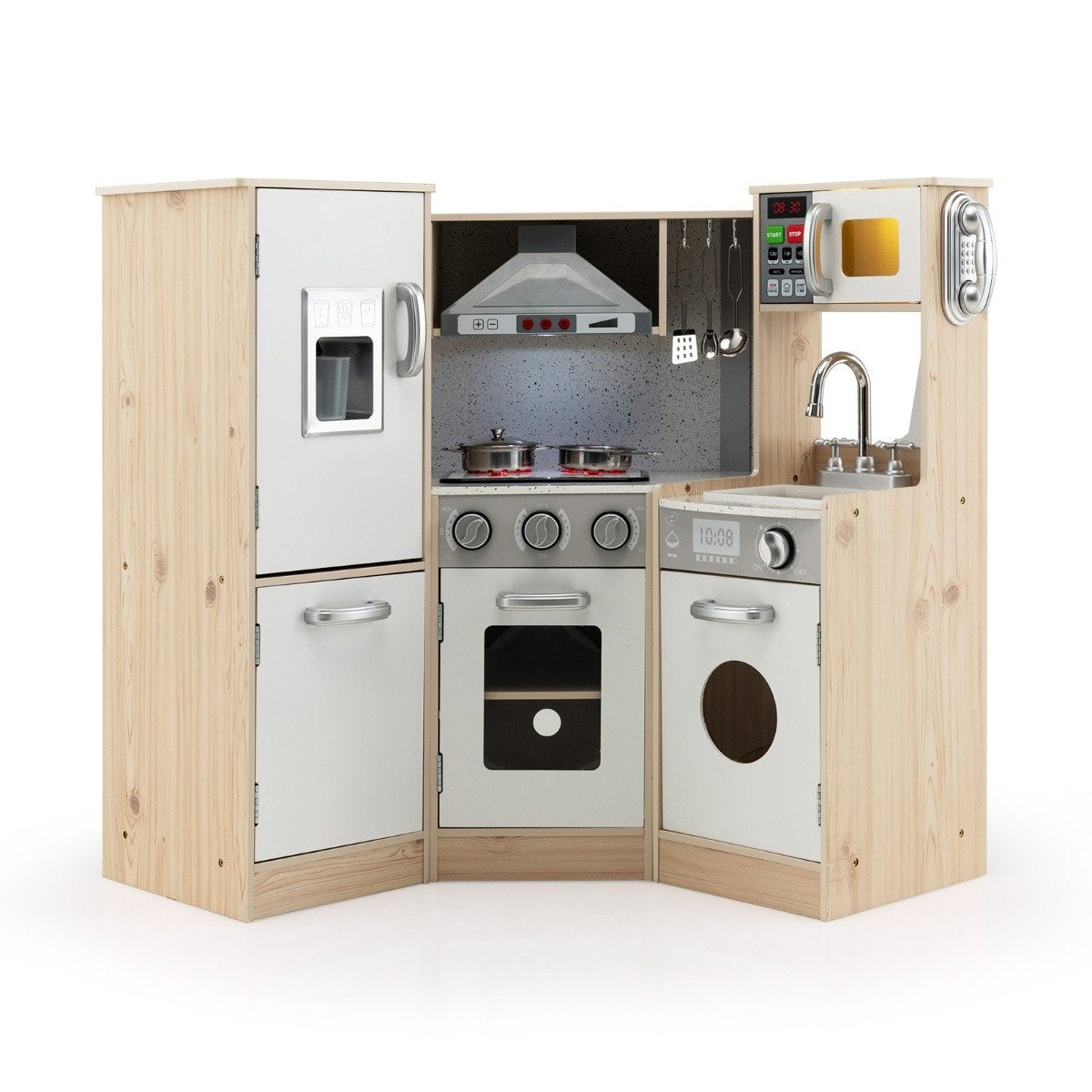 Corner kitchen Corner play kitchen with sound and light Children's kitchen made of wood including play accessories White + Natural