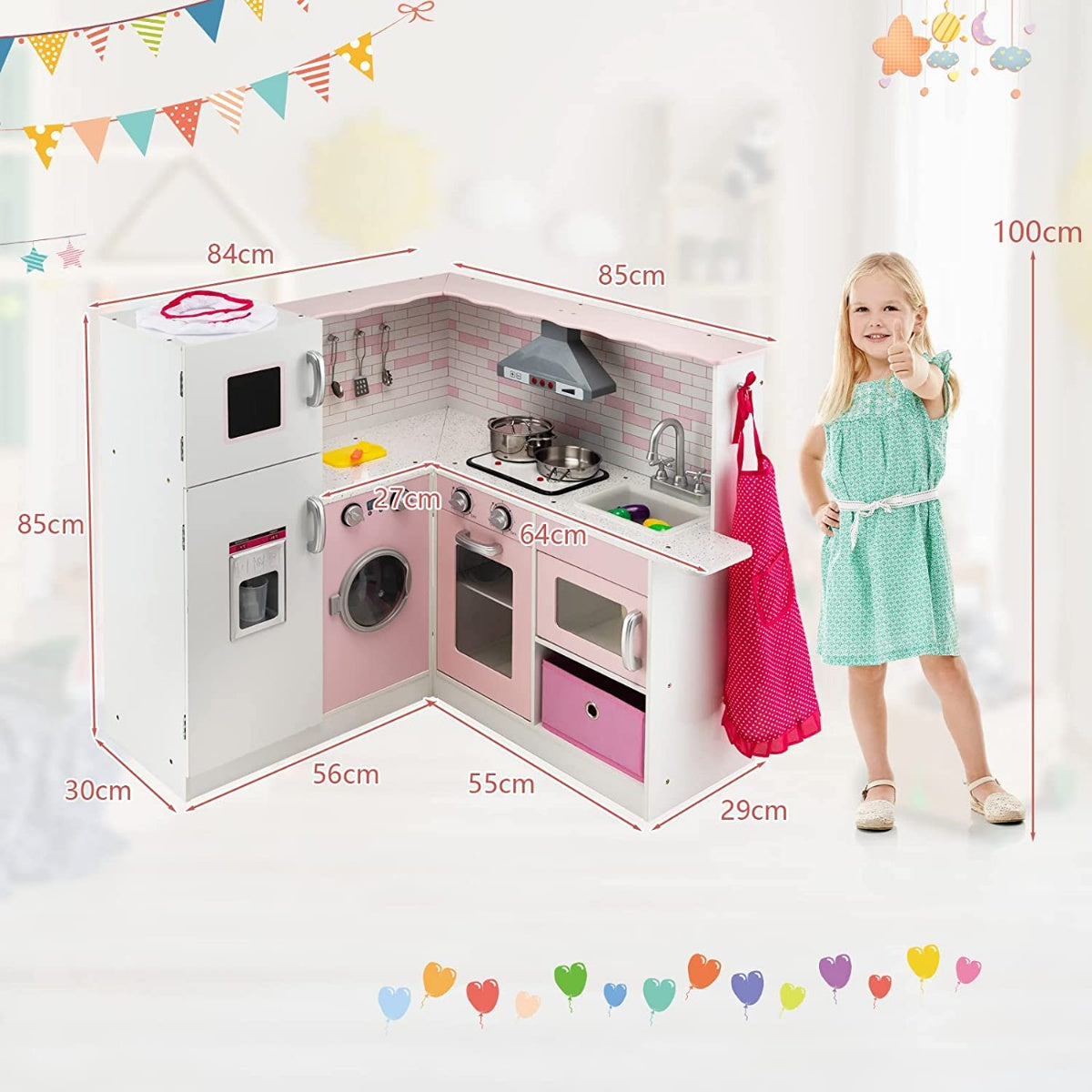 Corner play kitchen with sound and light children's kitchen made of wood including apron and play accessories 85 x 84 x 85 cm white + pink
