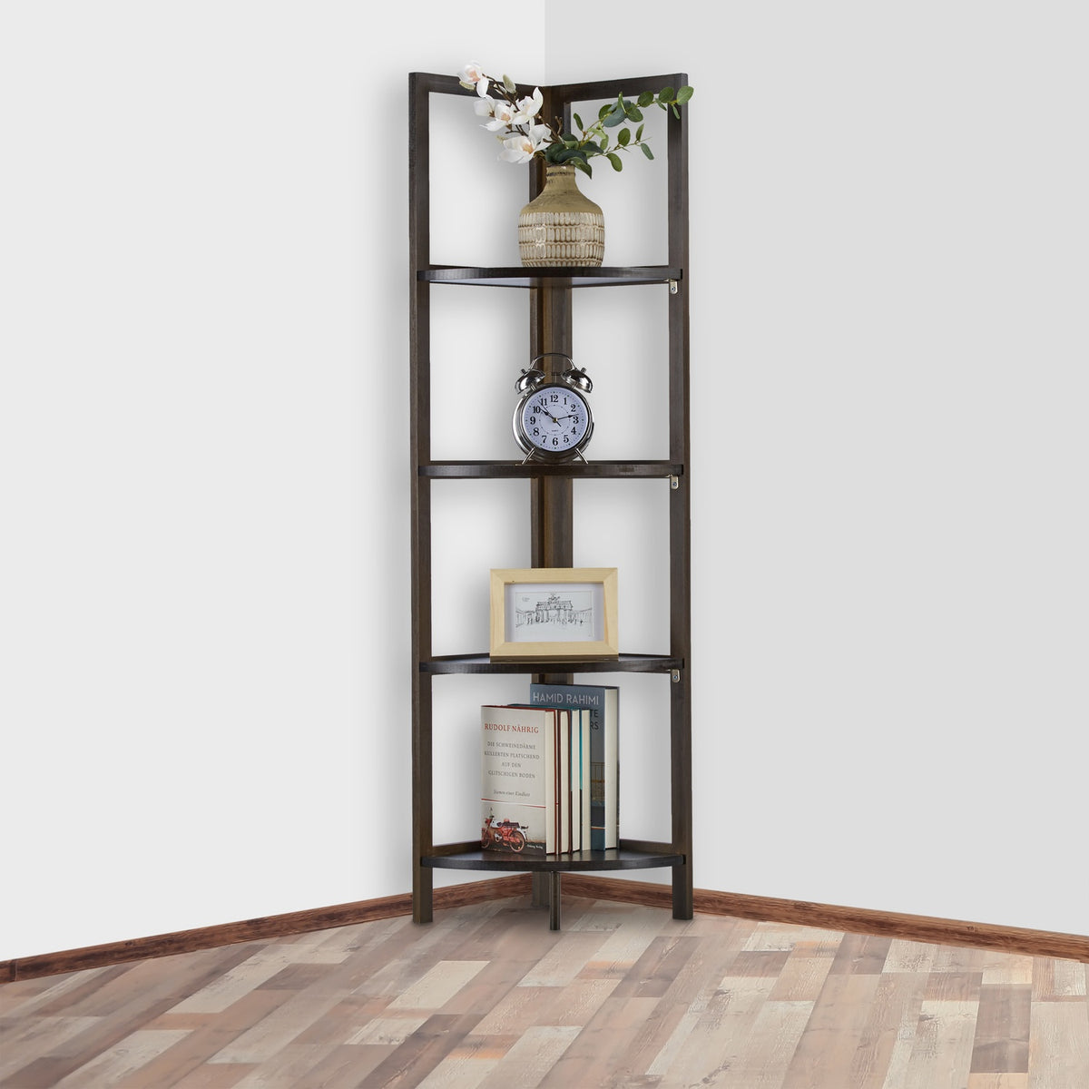 Corner shelf in bamboo with 4 shelves