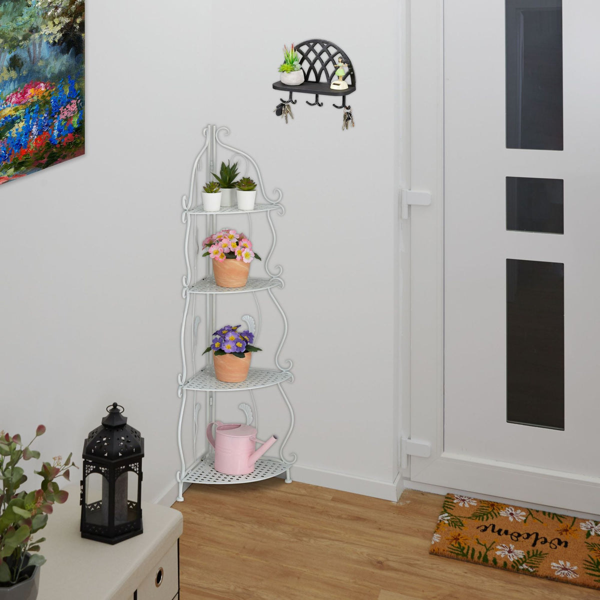 Corner shelf in white metal with 4 shelves