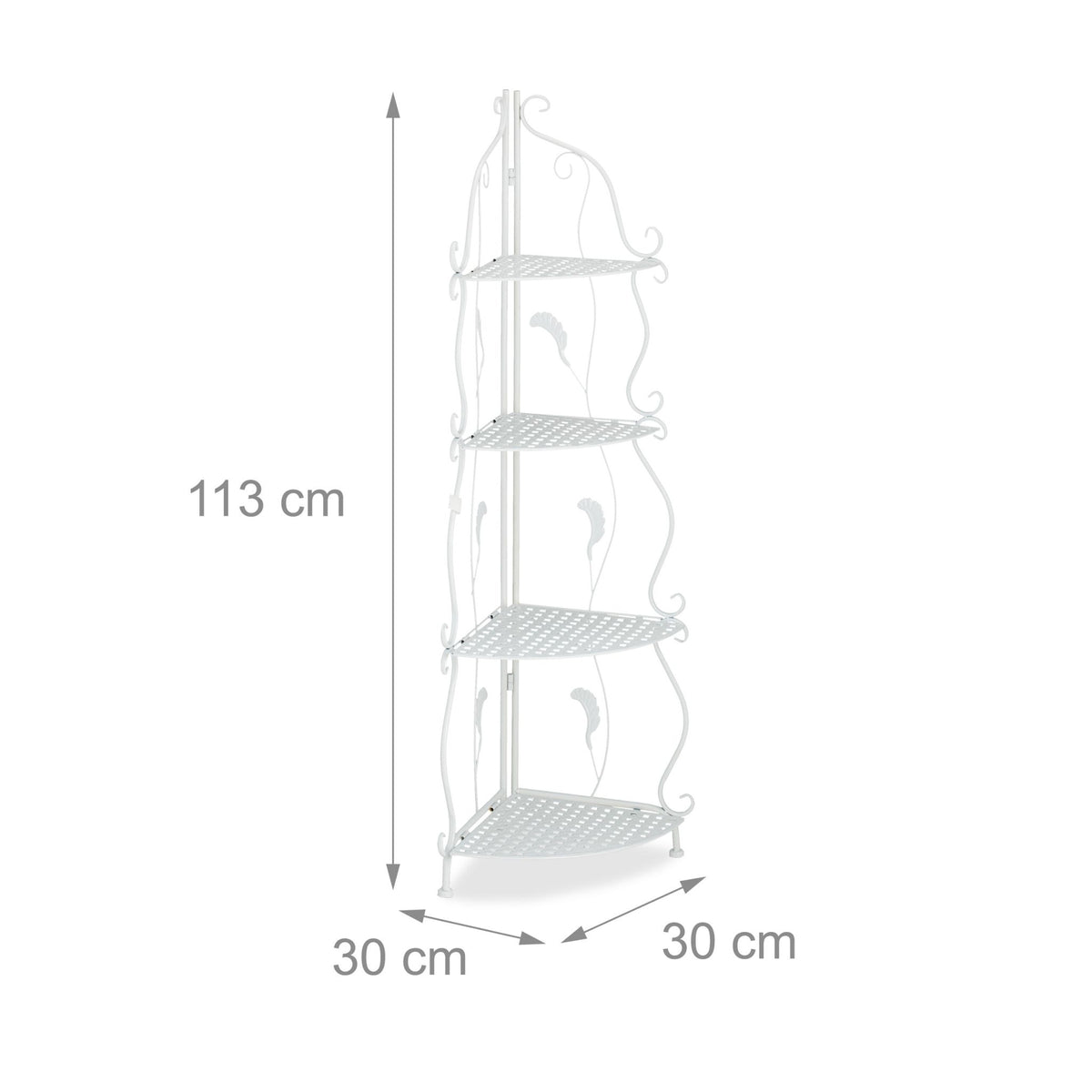 Corner shelf in white metal with 4 shelves