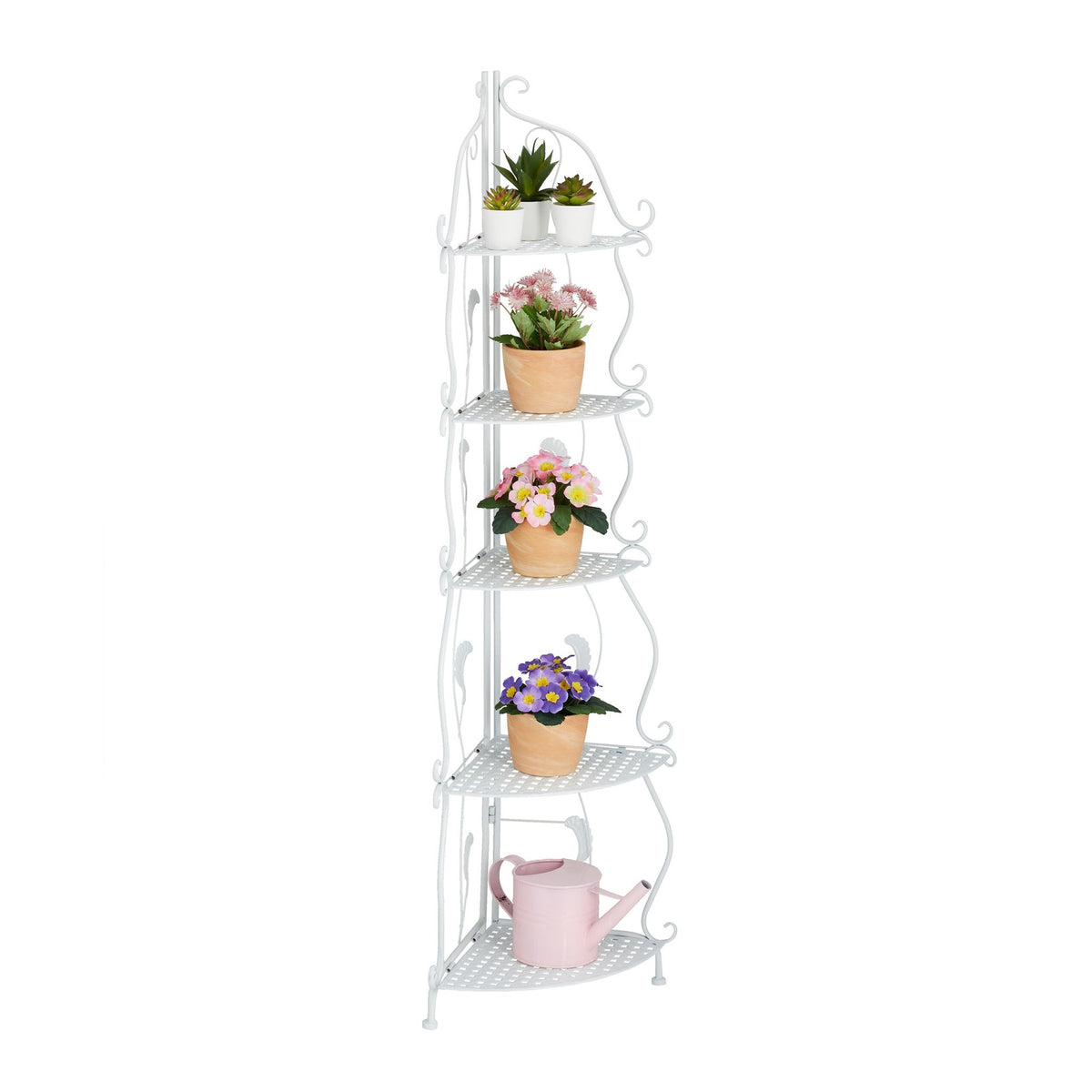 Corner shelf in white metal with 5 shelves