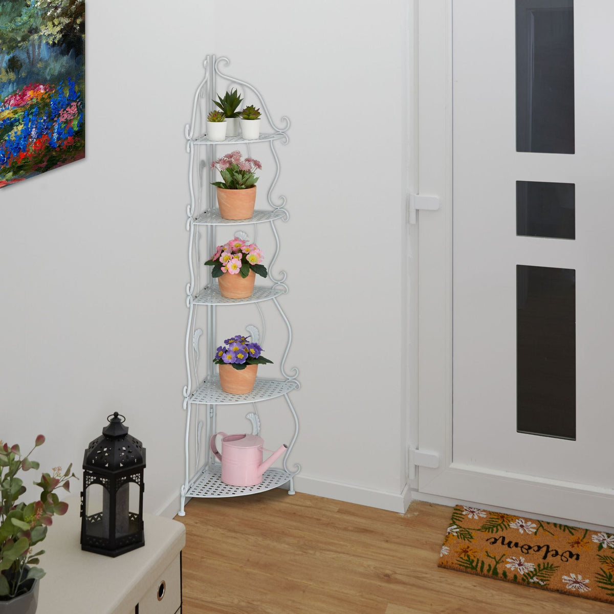 Corner shelf in white metal with 5 shelves