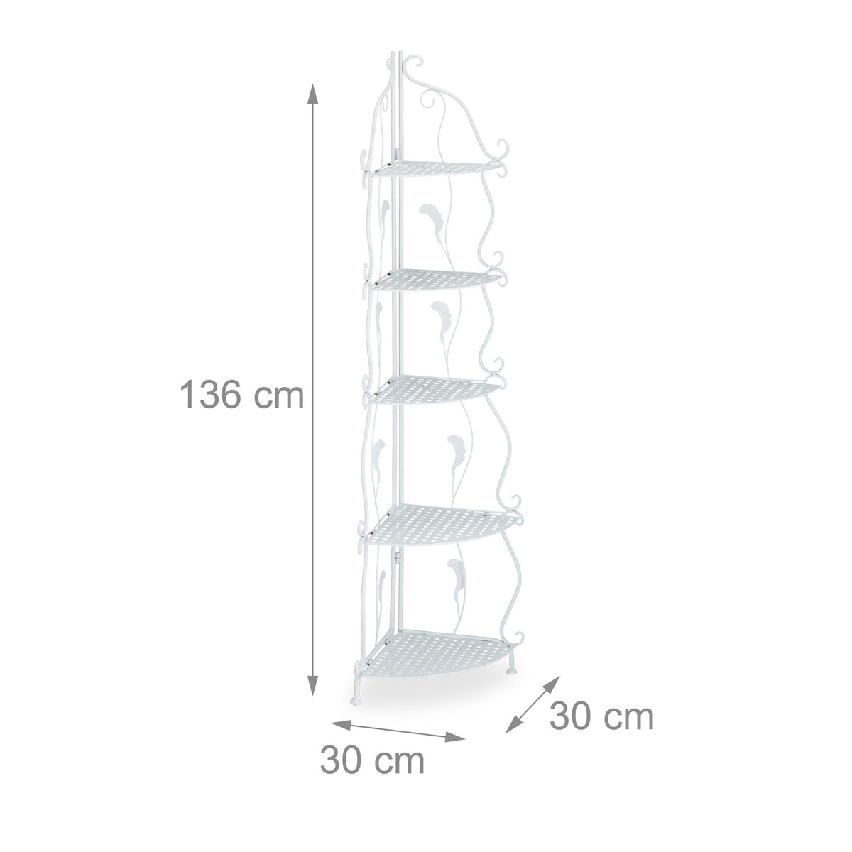 Corner shelf in white metal with 5 shelves