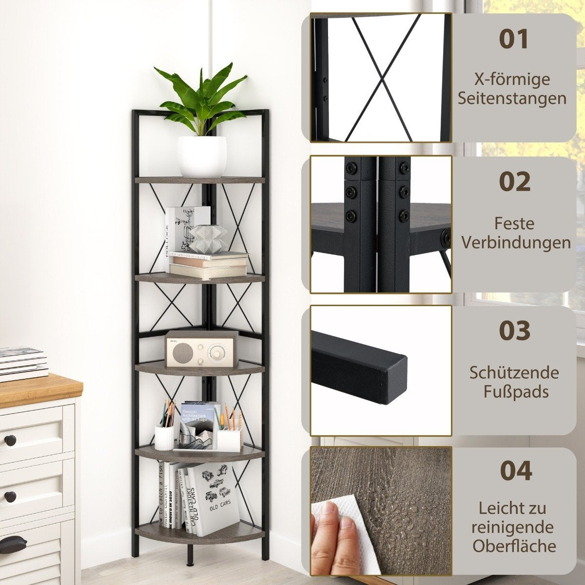 Corner shelf with 5 levels 160 cm high bookcase wooden standing shelf with metal frame oak gray