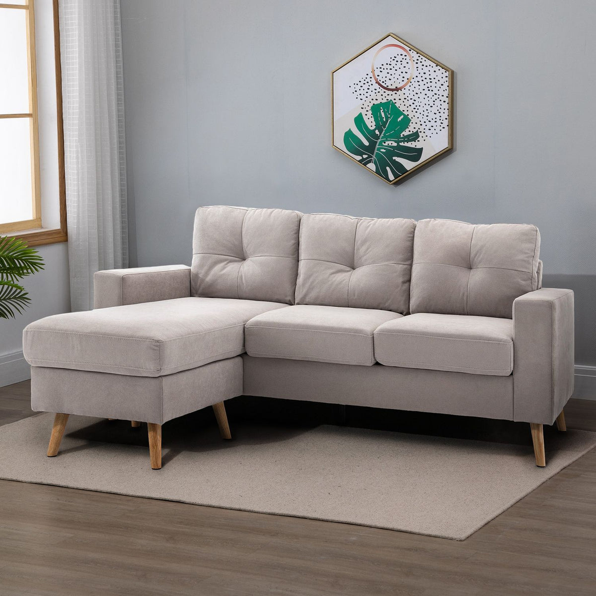 Corner sofa L-shaped corner sofa, corner set, couch set with chaise longue for 3 people, fabric sofa for living room, light gray