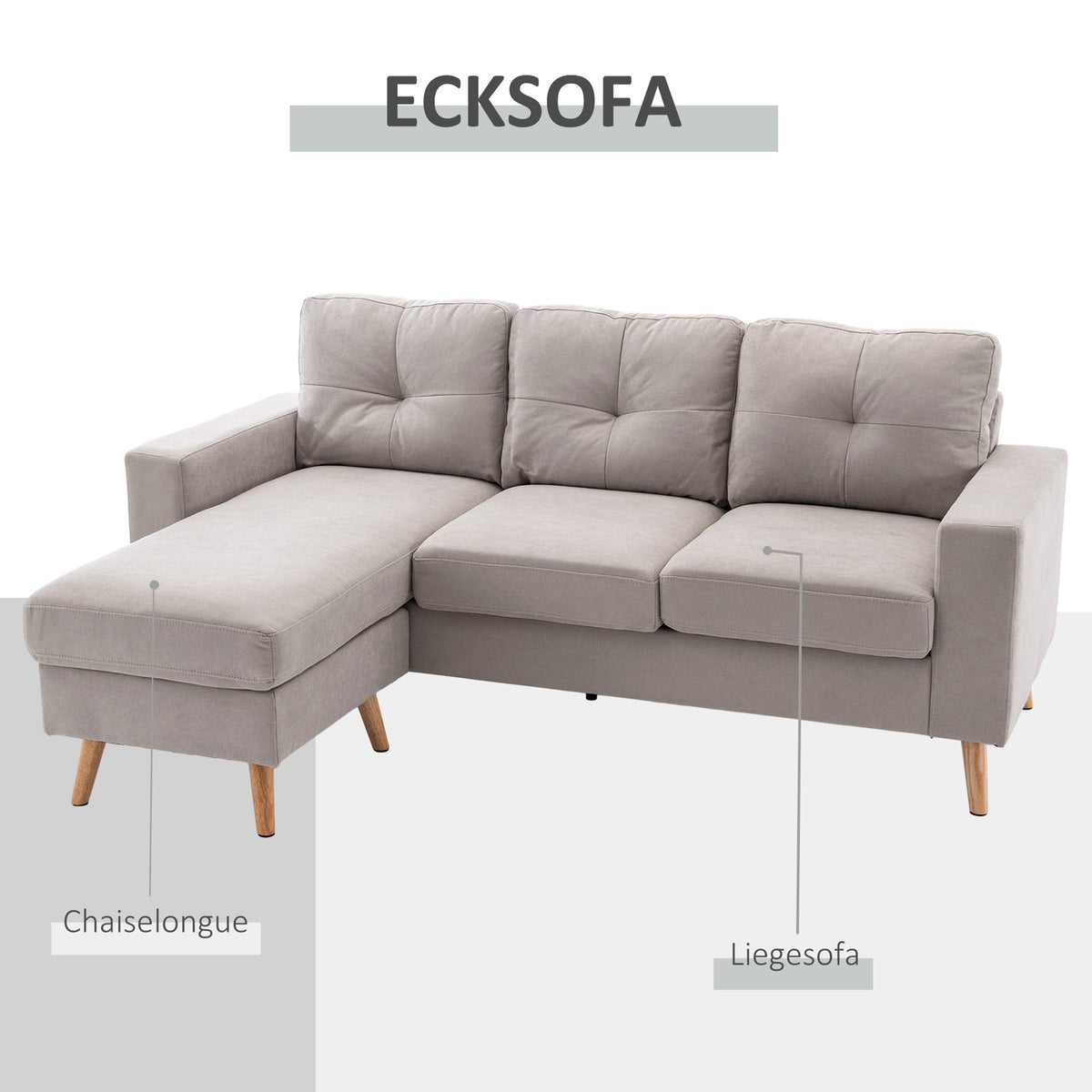 Corner sofa L-shaped corner sofa, corner set, couch set with chaise longue for 3 people, fabric sofa for living room, light gray