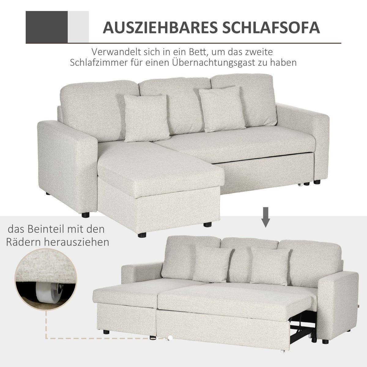 Corner sofa with bed function, corner couch including 2-seater sofa, single bed, L-shape with storage space, 2 cushions cream white