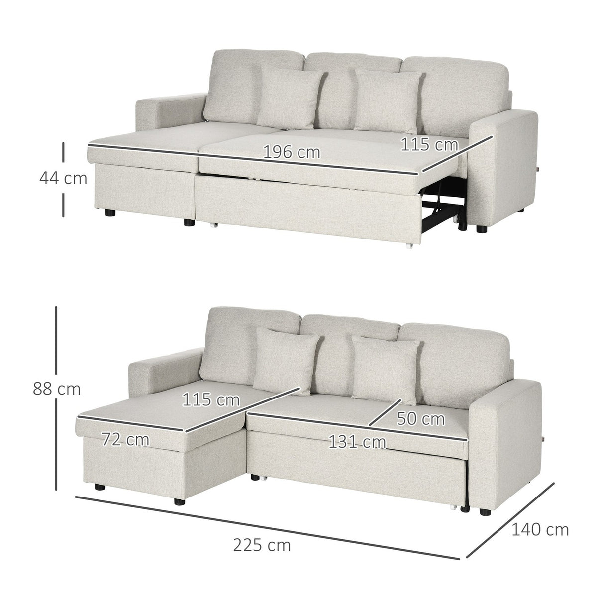 Corner sofa with bed function, corner couch including 2-seater sofa, single bed, L-shape with storage space, 2 cushions cream white