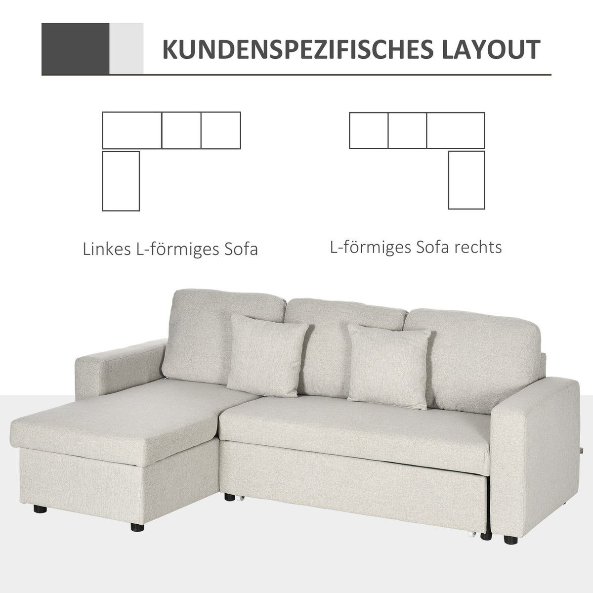 Corner sofa with bed function, corner couch including 2-seater sofa, single bed, L-shape with storage space, 2 cushions cream white