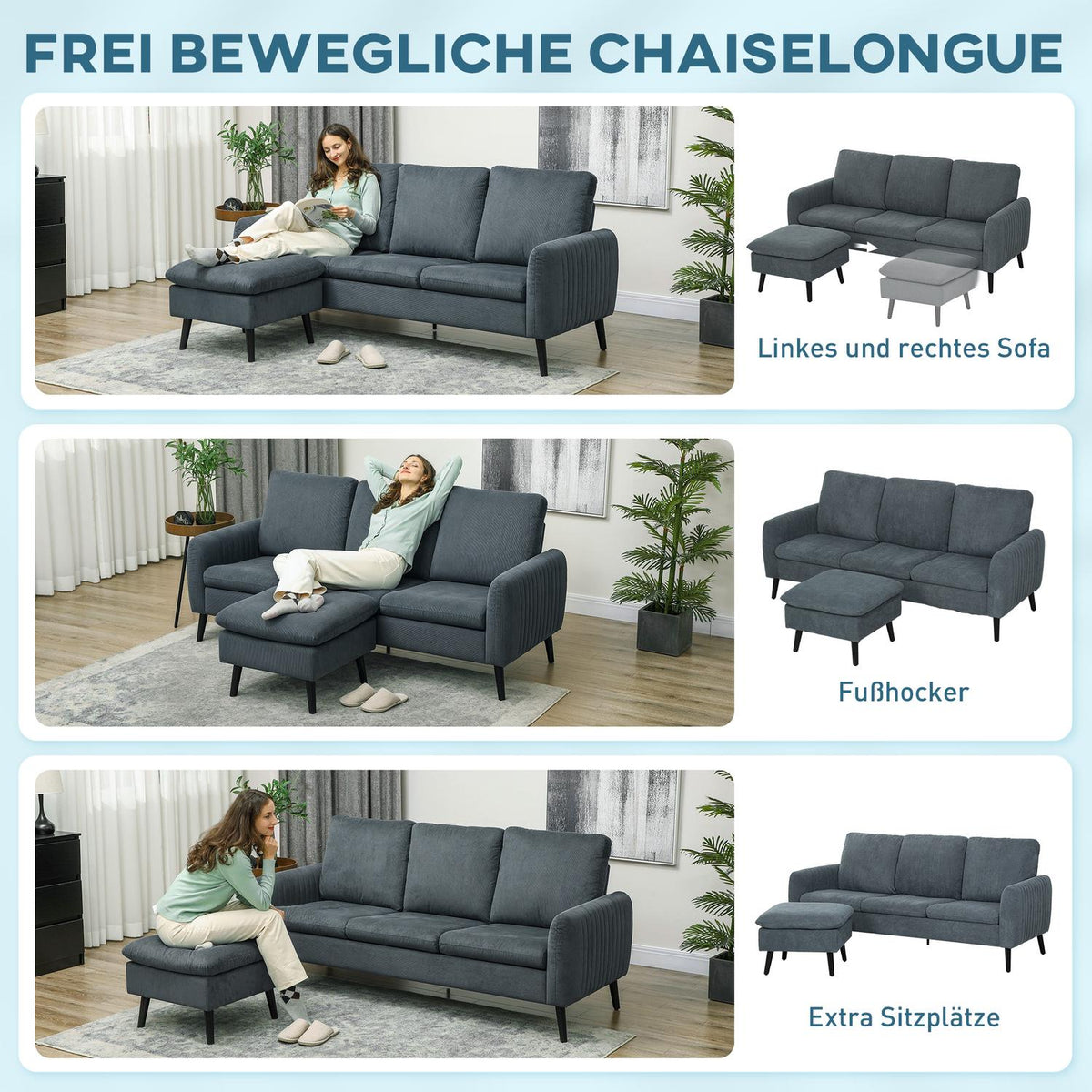 Corner sofa with sleeping function, sofa with footstool, 3 throw pillows, corner couch, L-shaped couch for living room, bedroom, 196 x 140 x 88 cm, gray