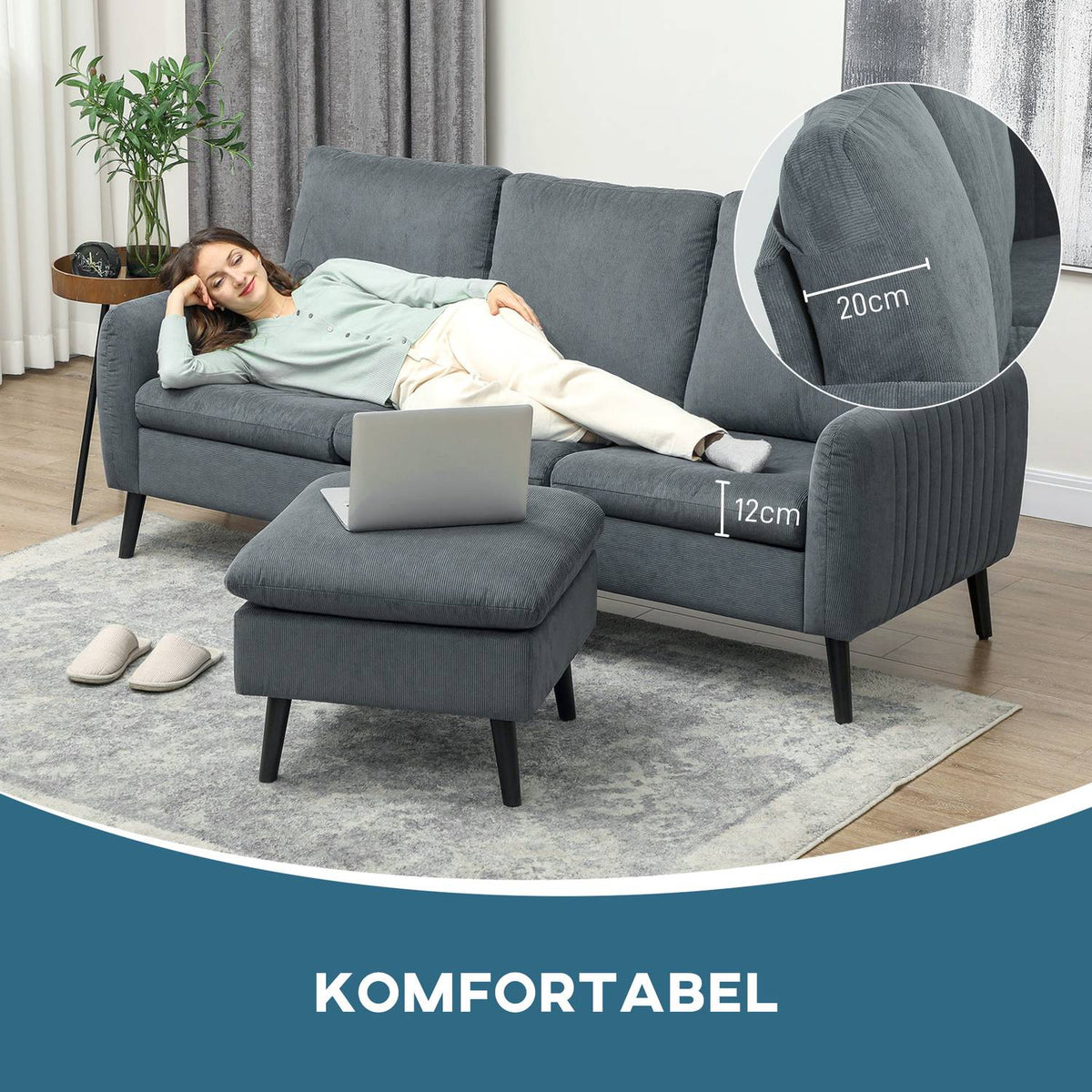 Corner sofa with sleeping function, sofa with footstool, 3 throw pillows, corner couch, L-shaped couch for living room, bedroom, 196 x 140 x 88 cm, gray