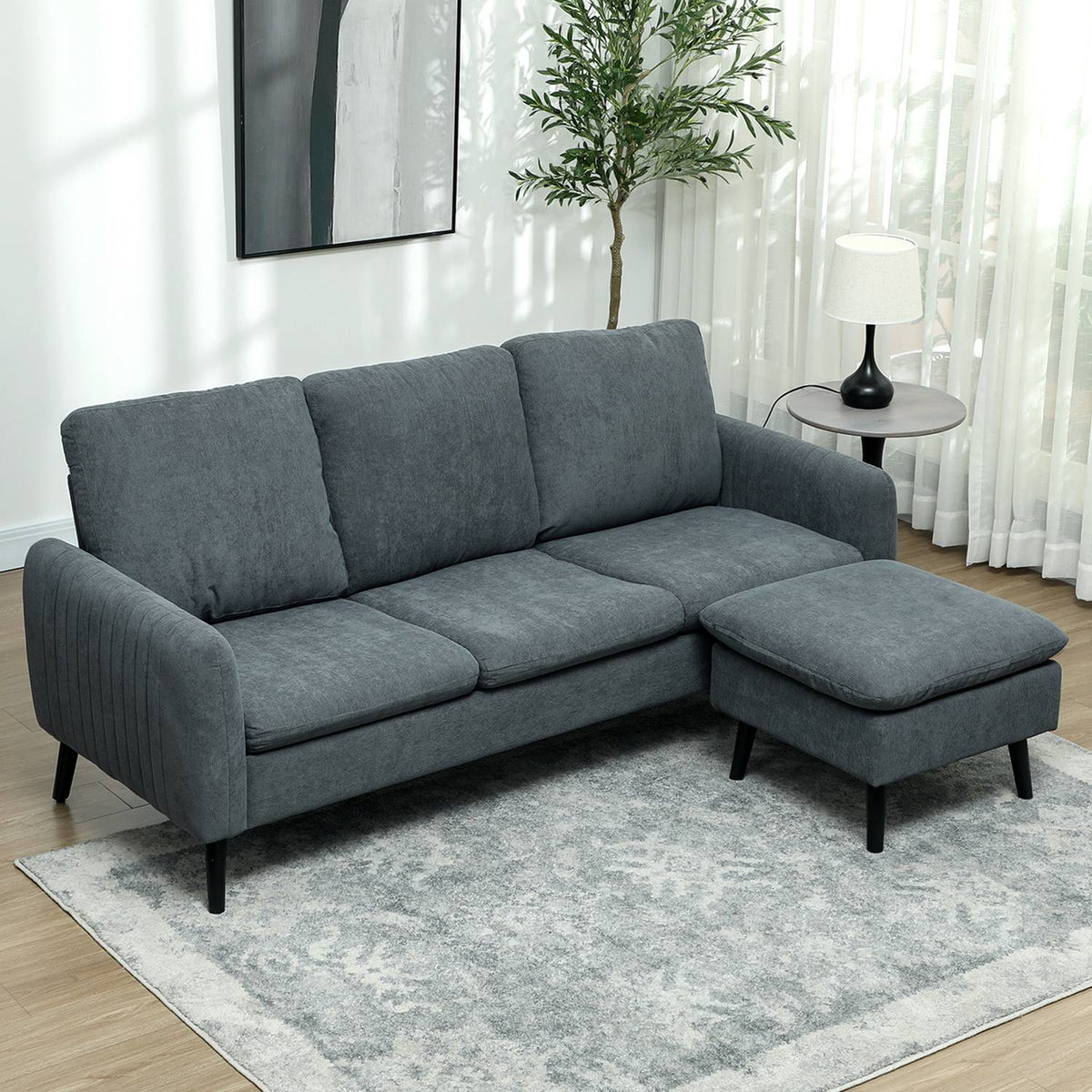 Corner sofa with sleeping function, sofa with footstool, 3 throw pillows, corner couch, L-shaped couch for living room, bedroom, 196 x 140 x 88 cm, gray
