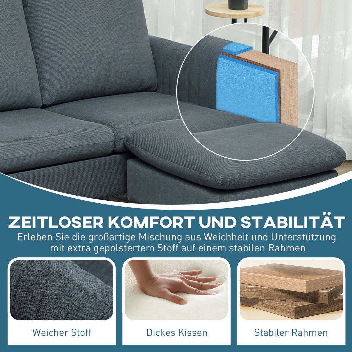 Corner sofa with sleeping function, sofa with footstool, 3 throw pillows, corner couch, L-shaped couch for living room, bedroom, 196 x 140 x 88 cm, gray