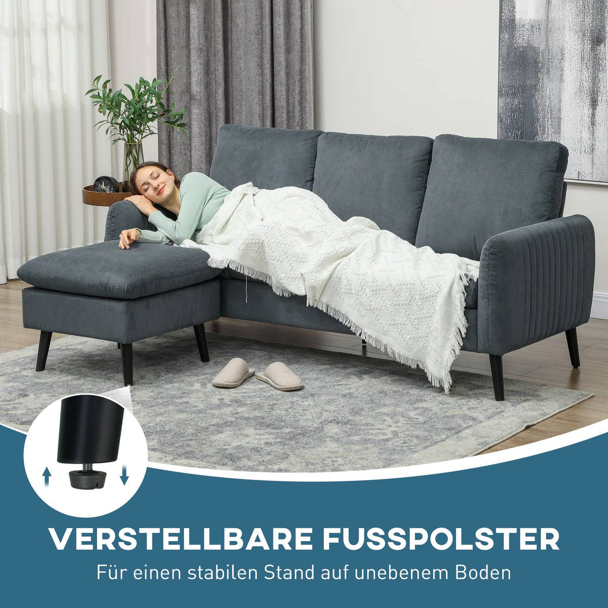 Corner sofa with sleeping function, sofa with footstool, 3 throw pillows, corner couch, L-shaped couch for living room, bedroom, 196 x 140 x 88 cm, gray