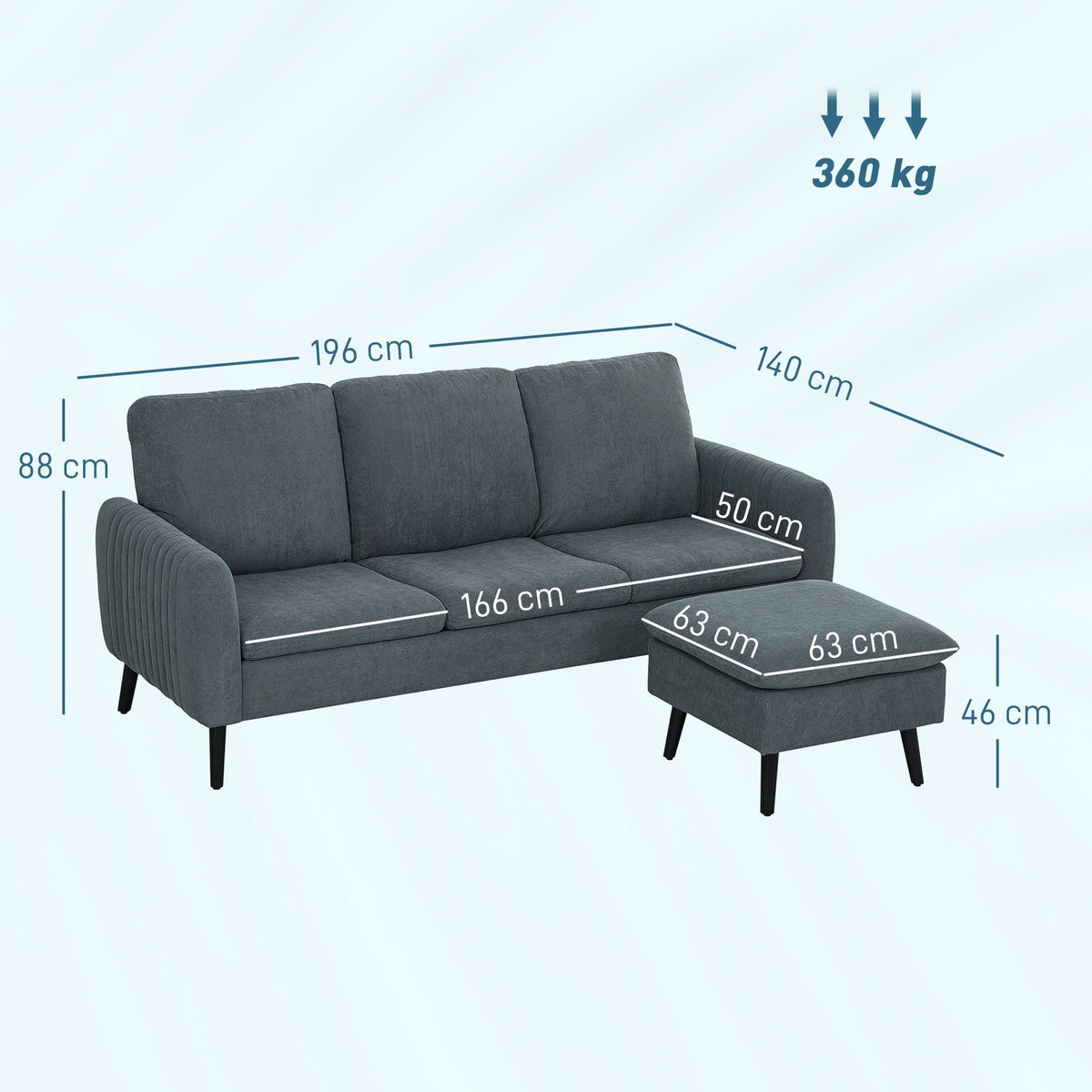 Corner sofa with sleeping function, sofa with footstool, 3 throw pillows, corner couch, L-shaped couch for living room, bedroom, 196 x 140 x 88 cm, gray