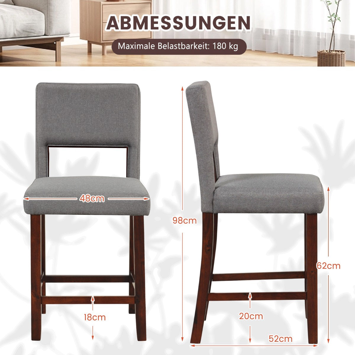 Counter-Height Bar Chair Set, 2-Piece, Hollow Back, Rubberwood Legs