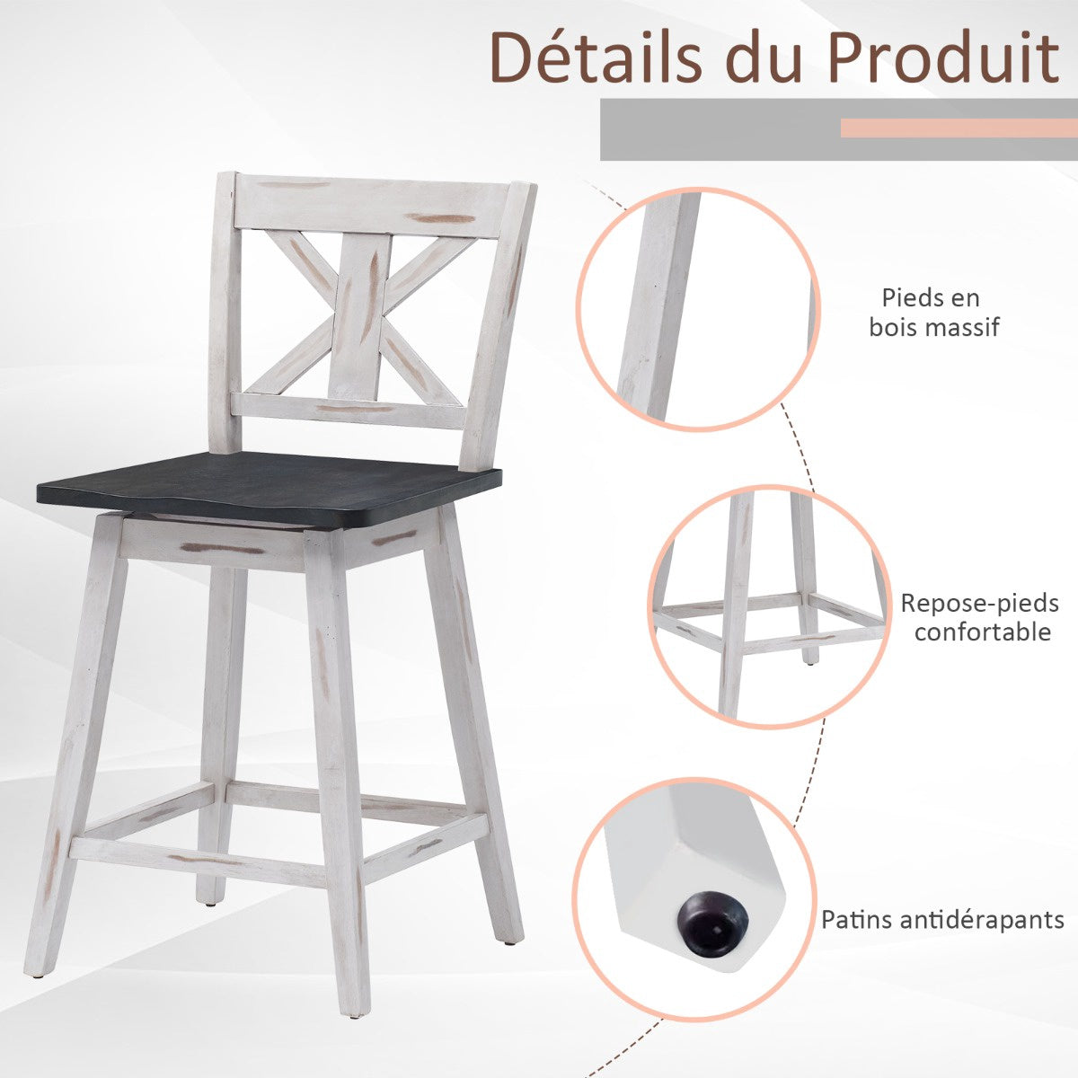 Counter Height Bar Stools Set of 2, 24-Inch Swivel, Wood Legs