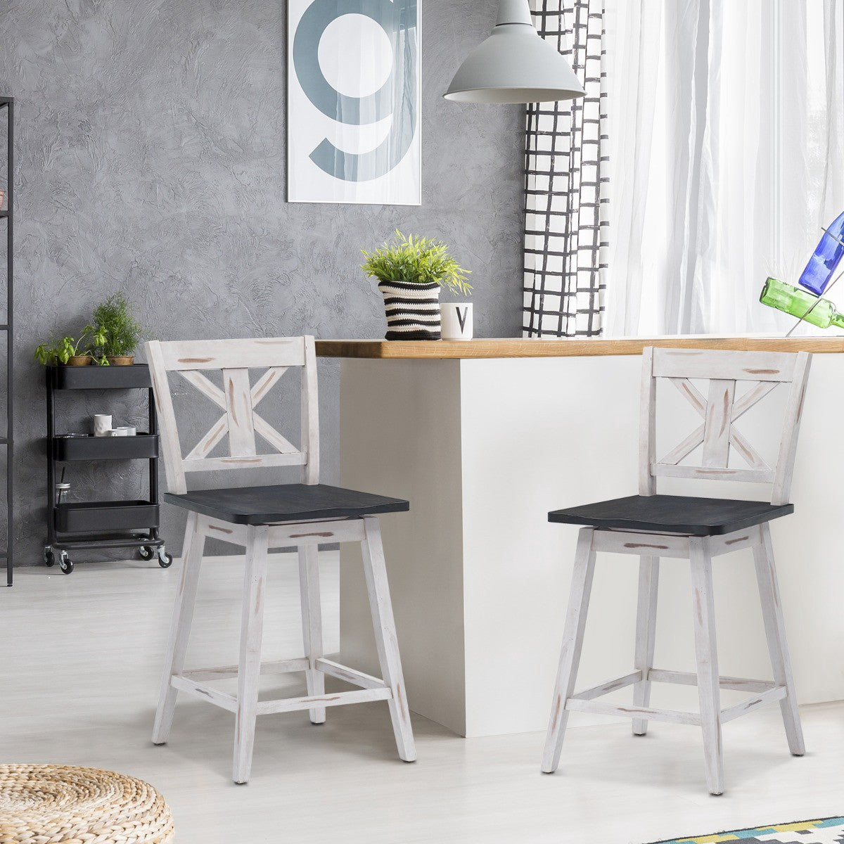 Counter Height Bar Stools Set of 2, 24-Inch Swivel, Wood Legs