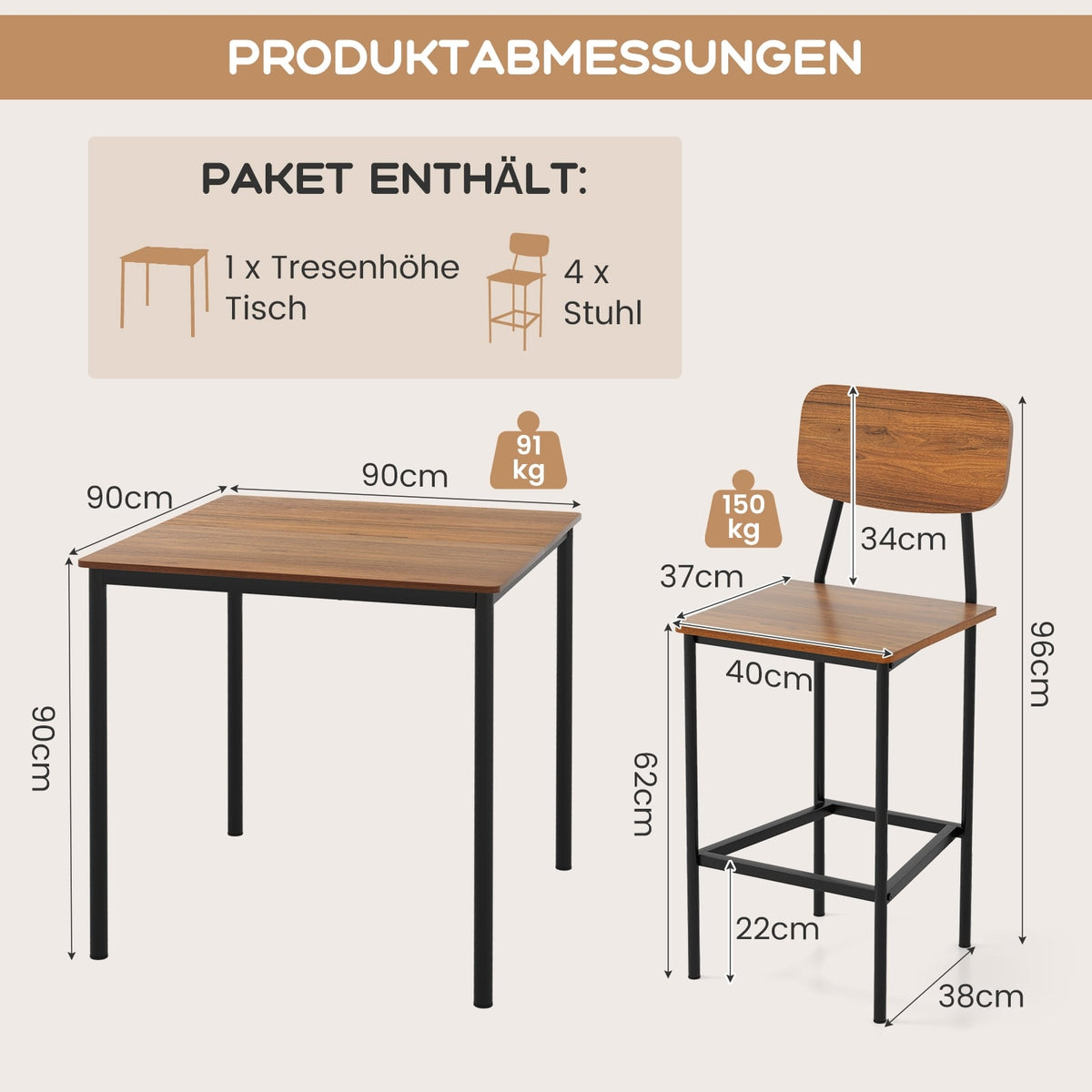 Counter-Height Dining Set with 4 Stools, Dark Brown, MDF