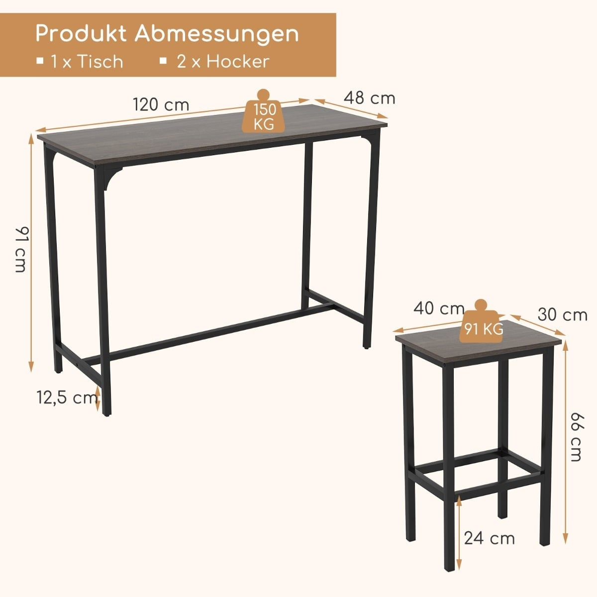 Counter-Height Dining Set with Table & 2 Stools, Industrial Style