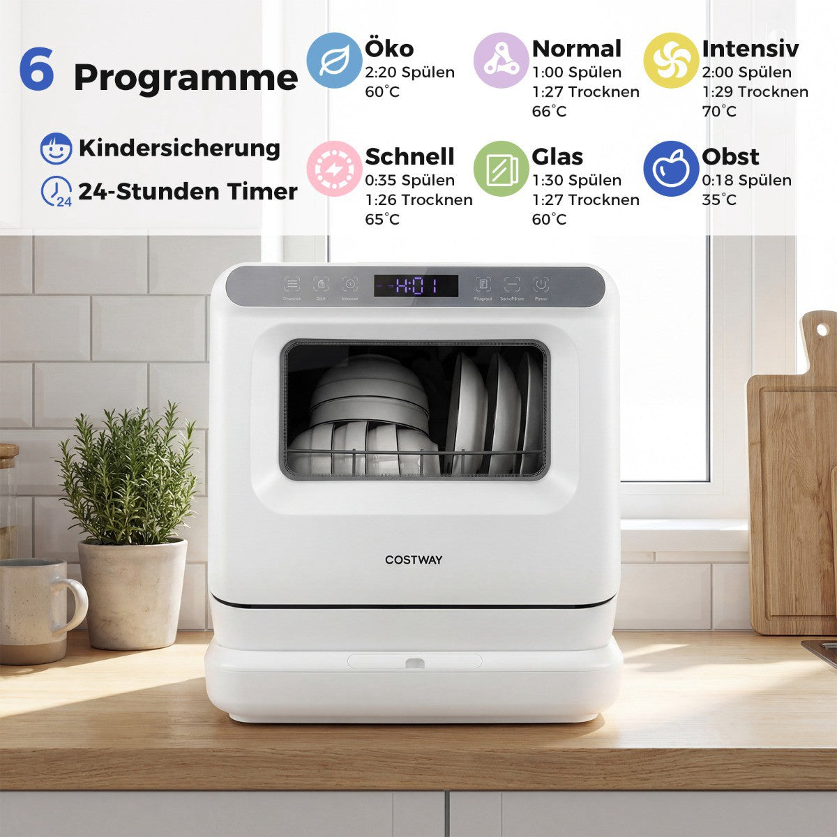 Countertop Dishwasher with 8.25L Tank, 6 Programs, White