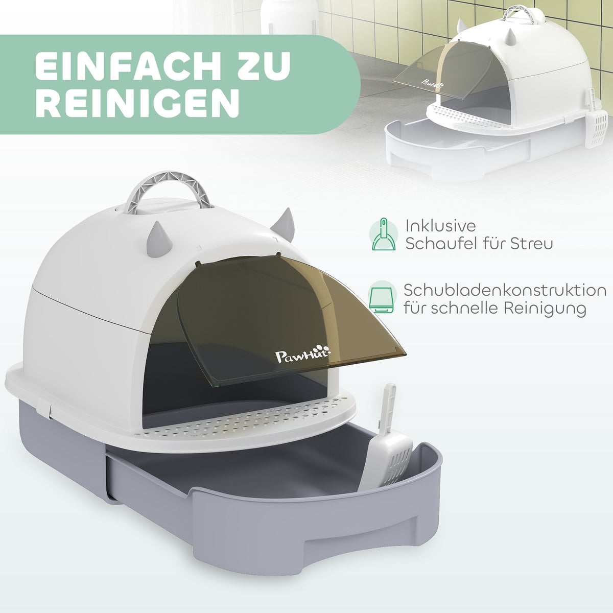 Covered Cat Litter Box with Drawer and Scoop, Grey/White