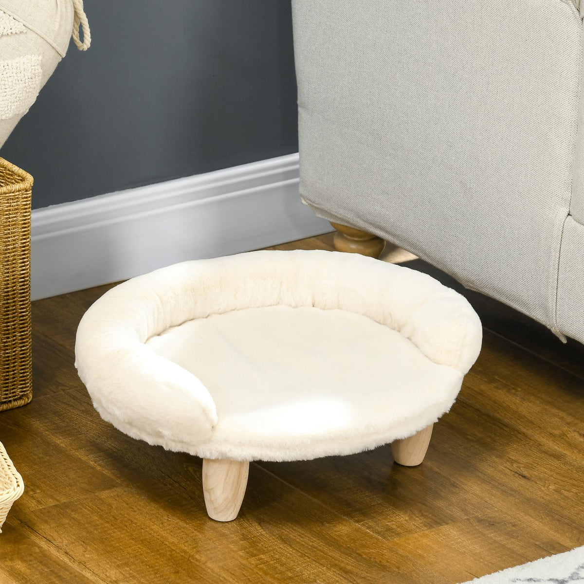 Cozy Pet Sofa Elevated Design Dog Couch Cat Sofa Wooden Legs Flannel Cream 47X40X20Cm