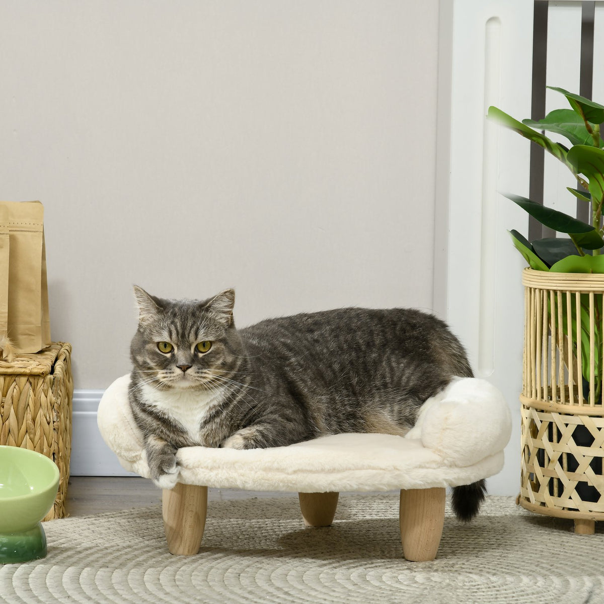 Cozy Pet Sofa Elevated Design Dog Couch Cat Sofa Wooden Legs Flannel Cream 47X40X20Cm