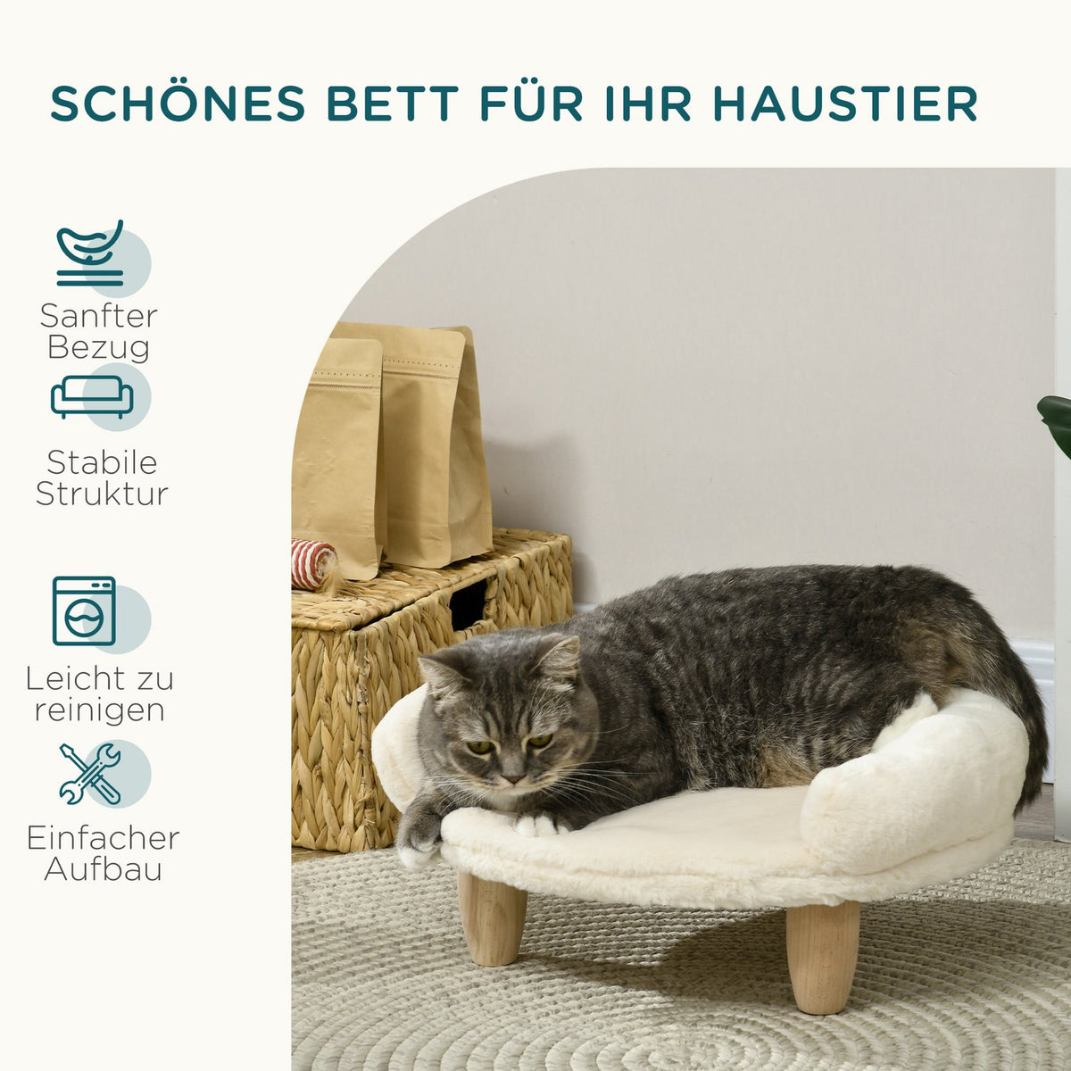Cozy Pet Sofa Elevated Design Dog Couch Cat Sofa Wooden Legs Flannel Cream 47X40X20Cm