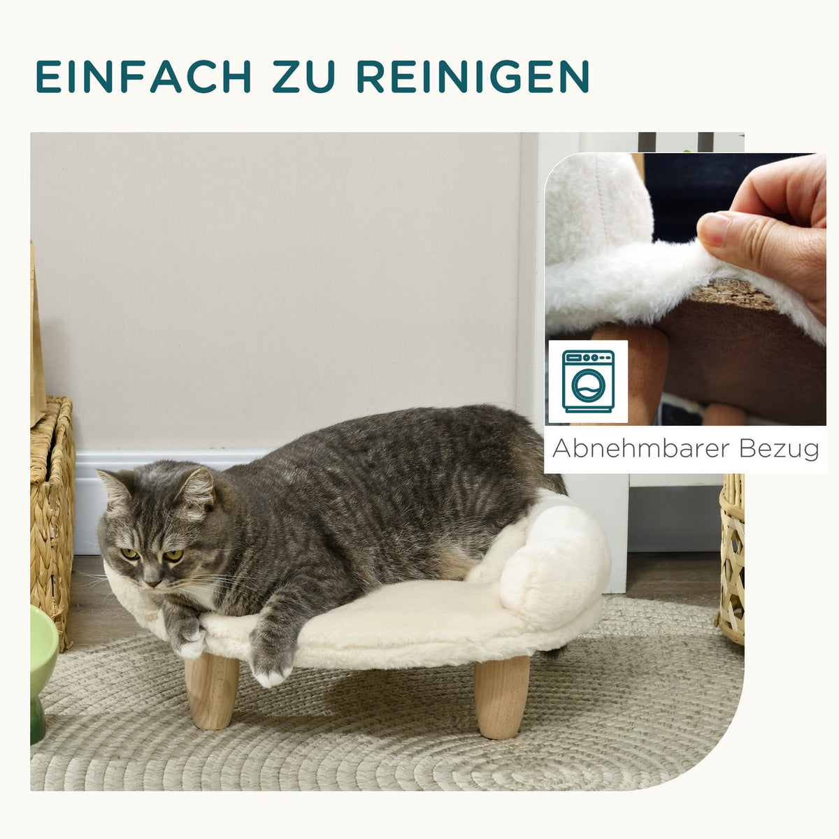 Cozy Pet Sofa Elevated Design Dog Couch Cat Sofa Wooden Legs Flannel Cream 47X40X20Cm