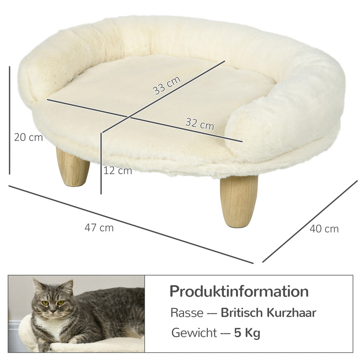 Cozy Pet Sofa Elevated Design Dog Couch Cat Sofa Wooden Legs Flannel Cream 47X40X20Cm