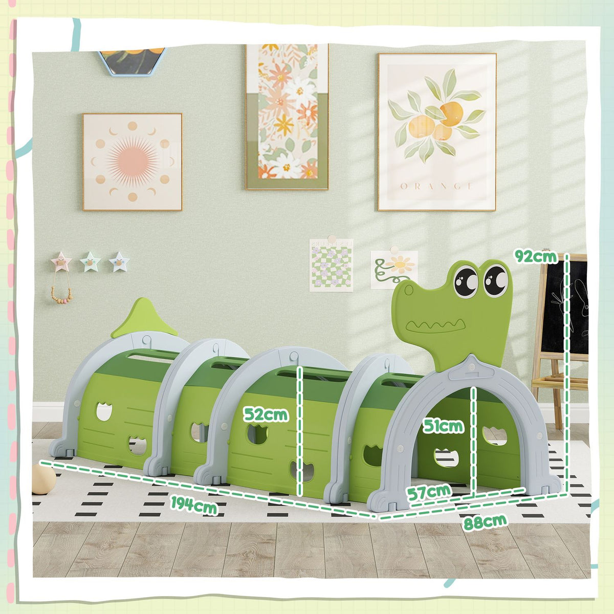 Crawling tunnel for children, play tunnel 194 cm, in cartoon crocodile, tunnel children, for children 3-6 years, plastic, indoor outdoor, green