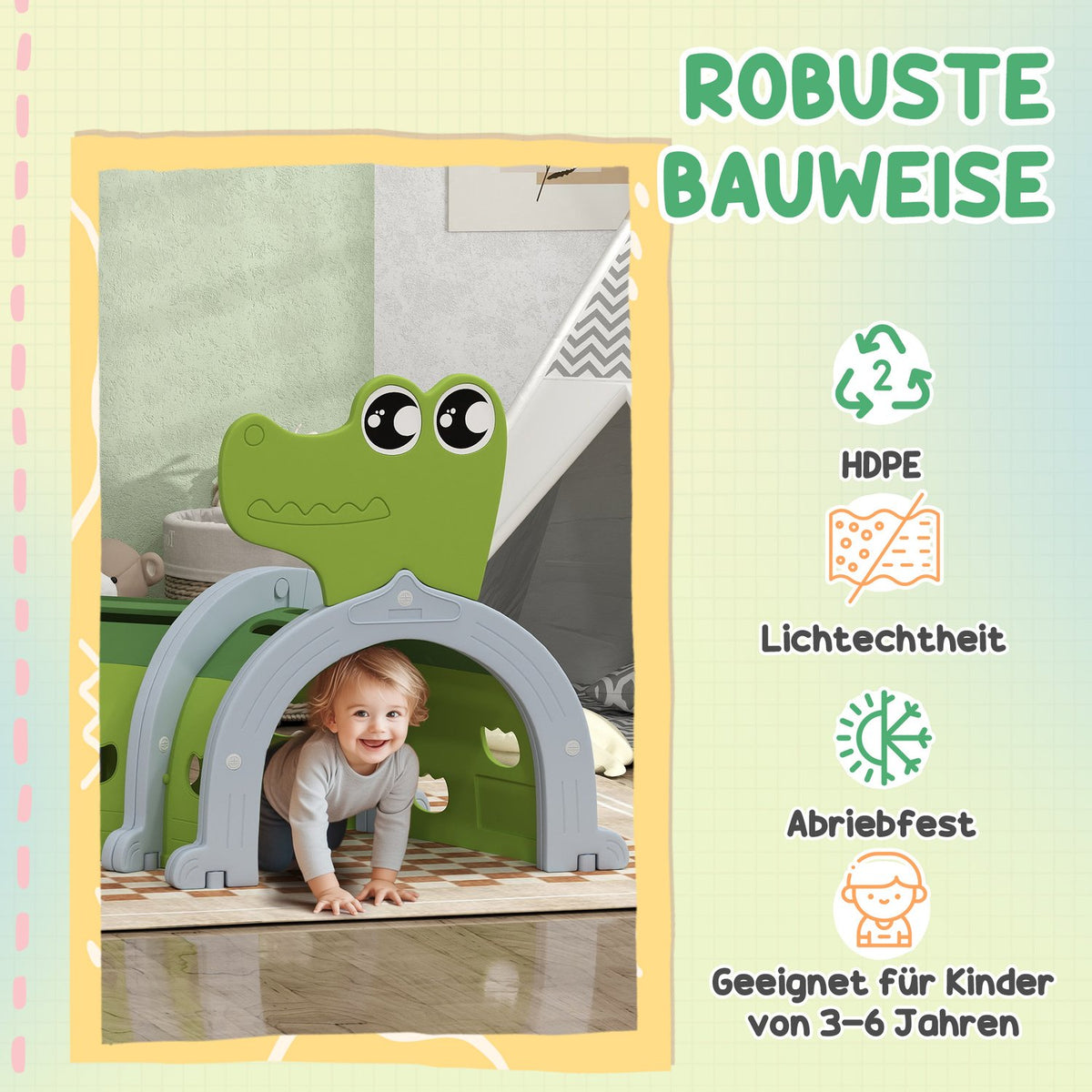 Crawling tunnel for children, play tunnel 194 cm, in cartoon crocodile, tunnel children, for children 3-6 years, plastic, indoor outdoor, green