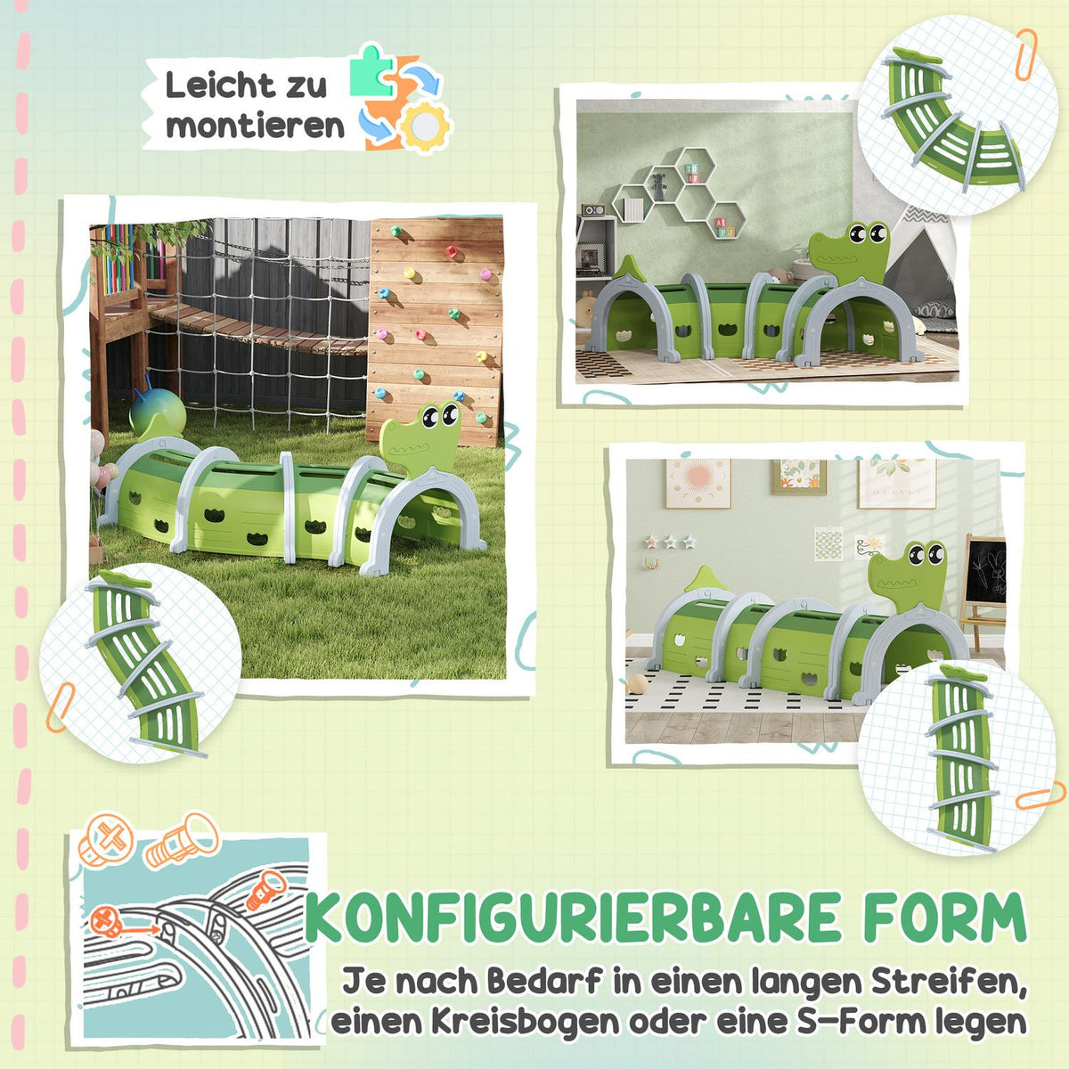 Crawling tunnel for children, play tunnel 194 cm, in cartoon crocodile, tunnel children, for children 3-6 years, plastic, indoor outdoor, green
