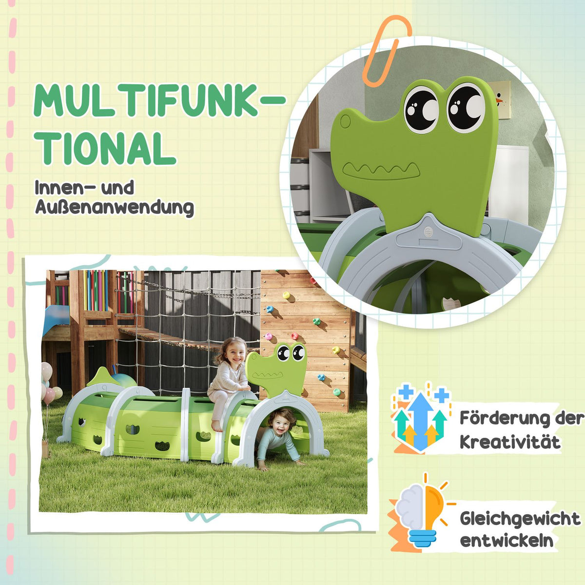 Crawling tunnel for children, play tunnel 194 cm, in cartoon crocodile, tunnel children, for children 3-6 years, plastic, indoor outdoor, green