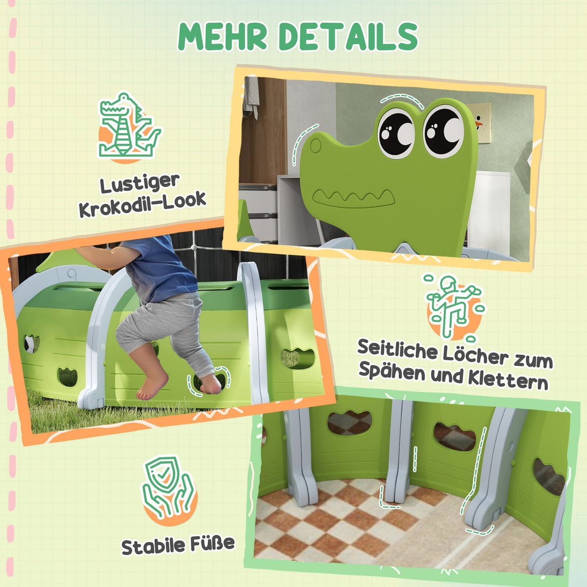 Crawling tunnel for children, play tunnel 194 cm, in cartoon crocodile, tunnel children, for children 3-6 years, plastic, indoor outdoor, green