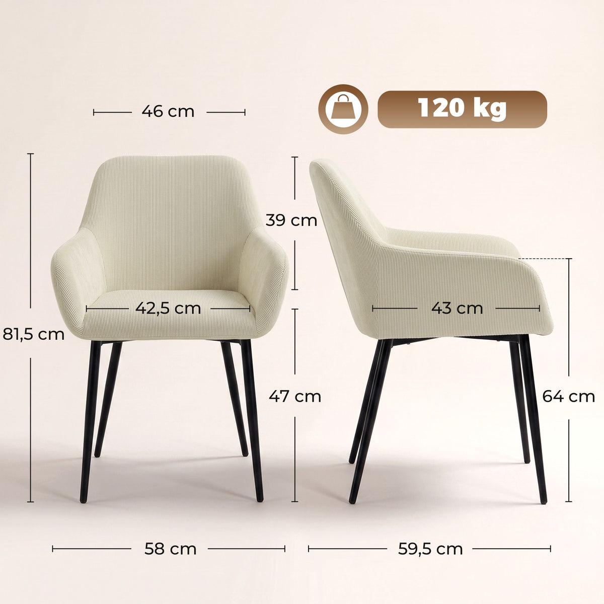 Cream Dining Chairs Set of 2, Padded with Metal Legs