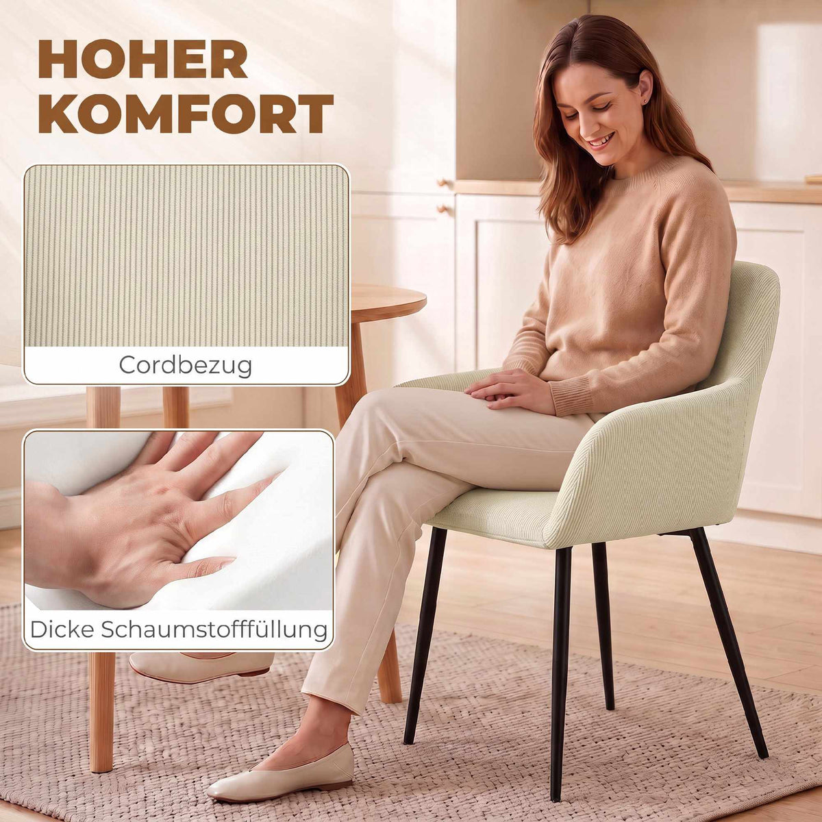 Cream Dining Chairs Set of 2, Padded with Metal Legs