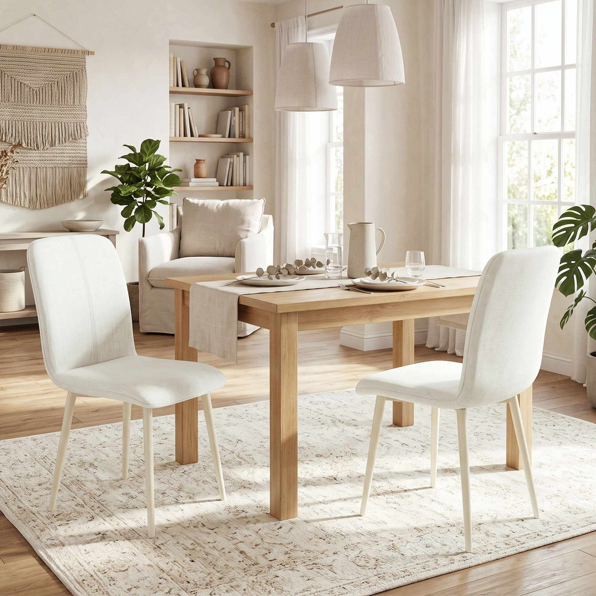 Cream Linen-Style Dining Chairs, Set of 2, Padded, Lightweight