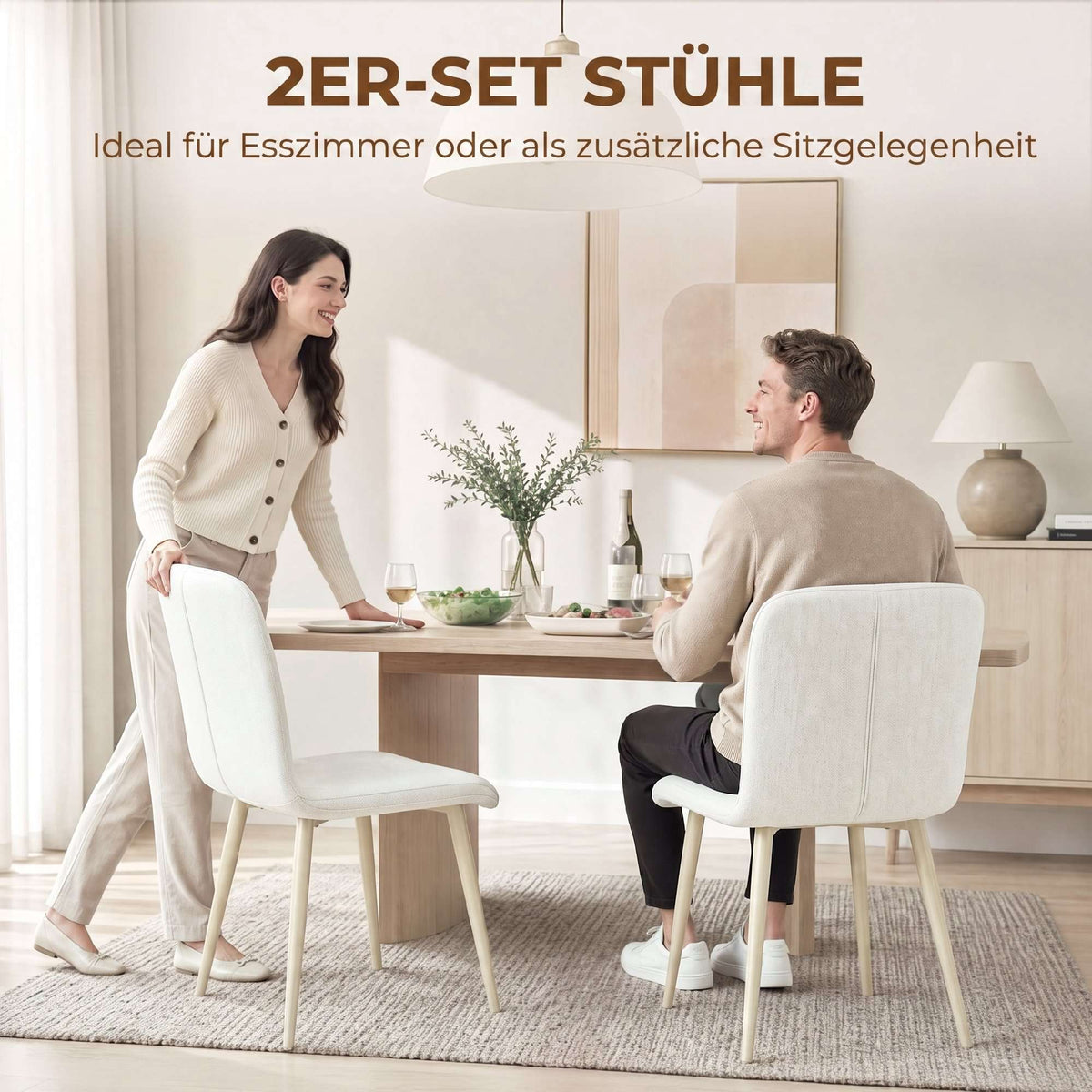 Cream Linen-Style Dining Chairs, Set of 2, Padded, Lightweight