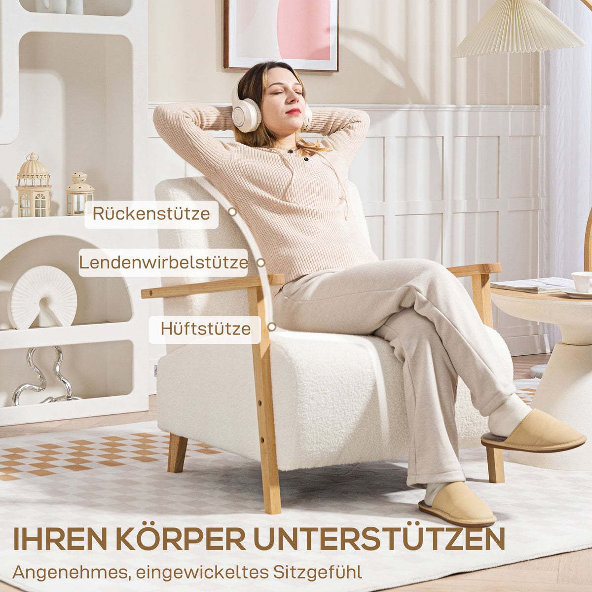 Cream Sherpa Lounge Chair, Padded, Wood Legs, 120kg Capacity